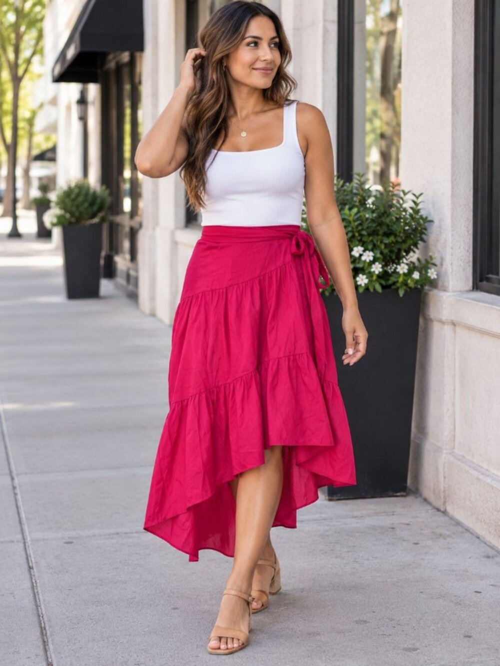 Eliza J Womens High-Low Midi Skirt Hot Pink Size 8 Tiered Ruffled Polyester